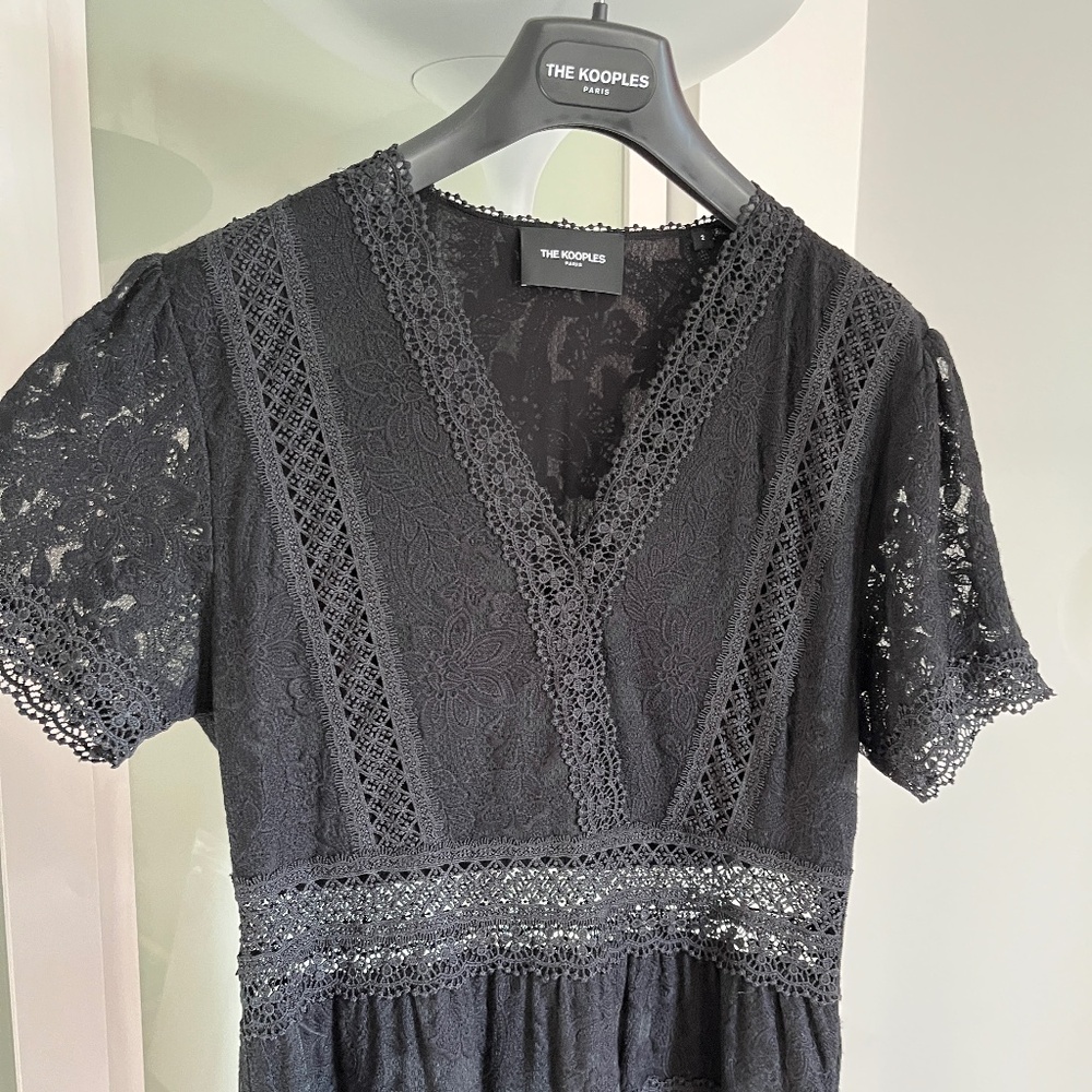 The Kooples (2/M) tiered lace short-sleeve dress, with asymmetrical hem, EUC.
